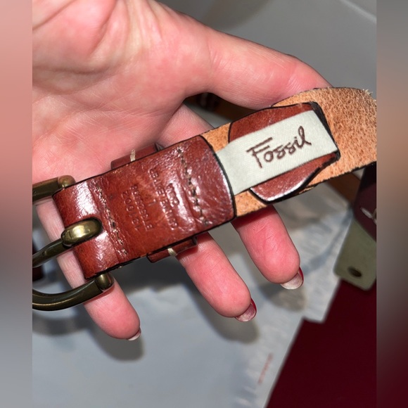 Fossil LEATHER straps Chain Link BROWN BELT 35-39” olive Tan Copper Buckle large - Picture 12 of 16